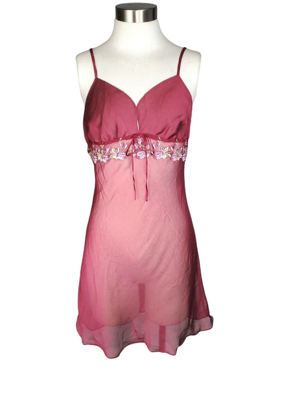 Maidenform Sheer Silky Burgondy Chemise Gown Embroidried Adjustable Straps Sz S